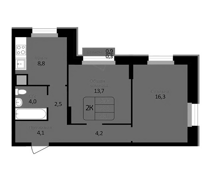 Планировка 2-к.кв 53.60 м² в ЖК «Первомайский»