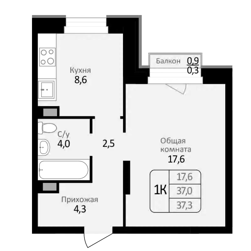 Планировка 1-к. квартира 37.00 м² в ЖК «Первомайский»