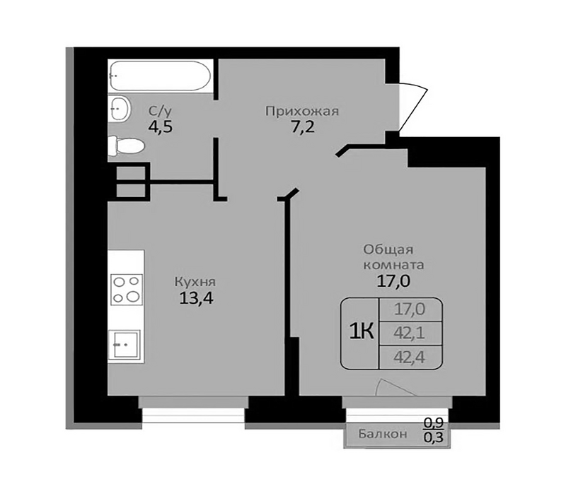 Планировка 1-к.кв 42.10 м² в ЖК «Первомайский»