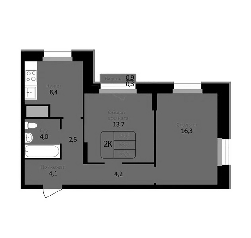 Планировка 2-к. квартира 53.20 м² в ЖК «Первомайский»