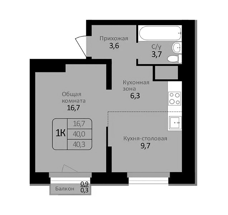 Планировка 2е-к.кв 40.00 м² в ЖК «Первомайский»