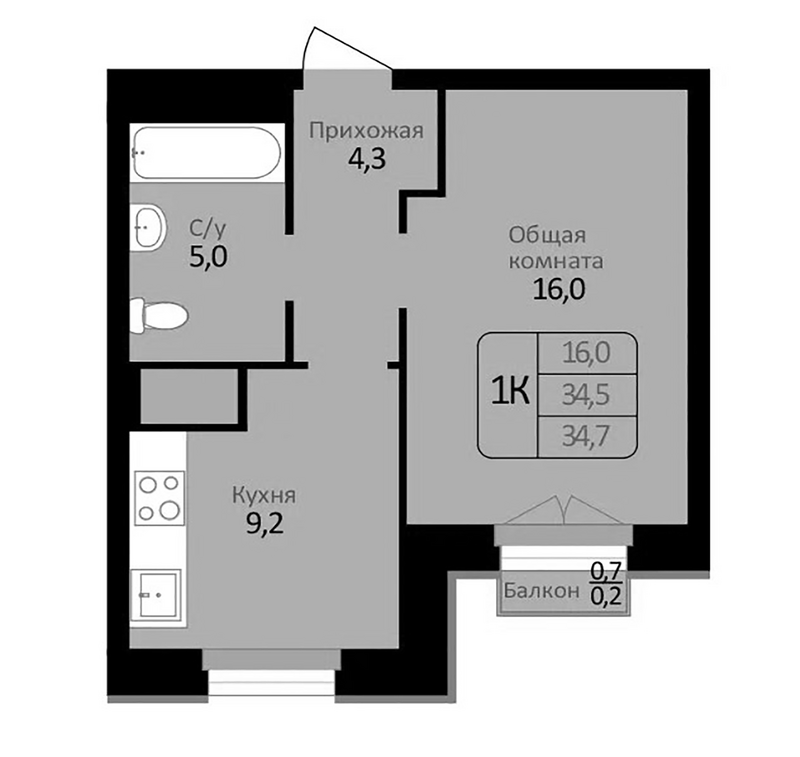 Планировка 1-к. квартира 34.50 м² в ЖК «Первомайский»