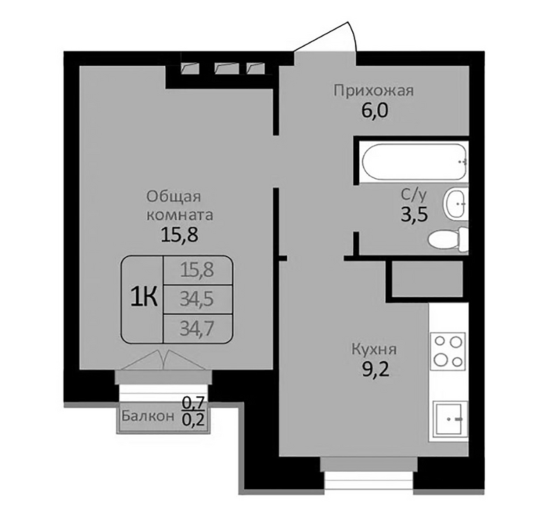 Планировка 1-к.кв 34.50 м² в ЖК «Первомайский»