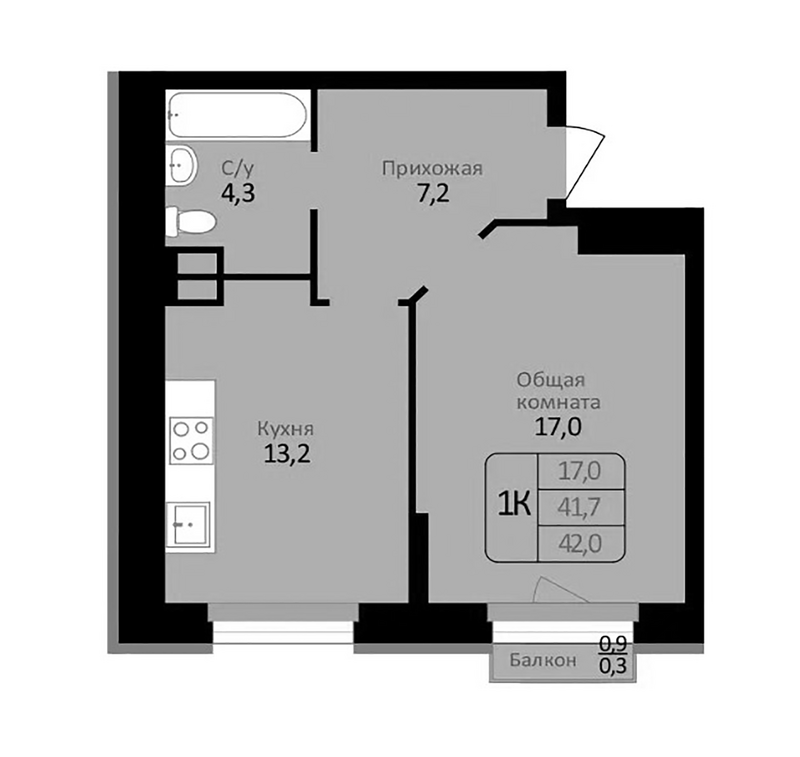Планировка 1-к.кв 41.70 м² в ЖК «Первомайский»