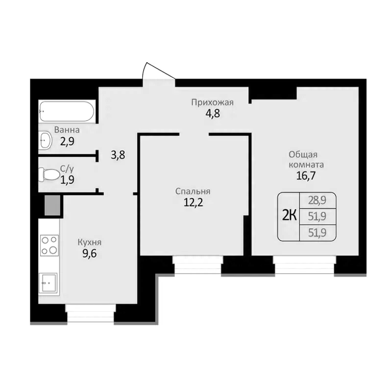 Планировка 2-к.кв 51.90 м² в ЖК «Первомайский»