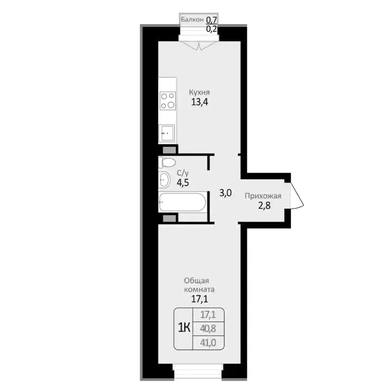 Планировка 1-к. квартира 40.80 м² в ЖК «Первомайский»