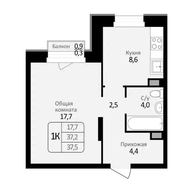 Планировка 1-к.кв 37.20 м² в ЖК «Первомайский»