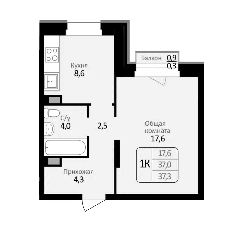 Планировка 1-к.кв 37.00 м² в ЖК «Первомайский»