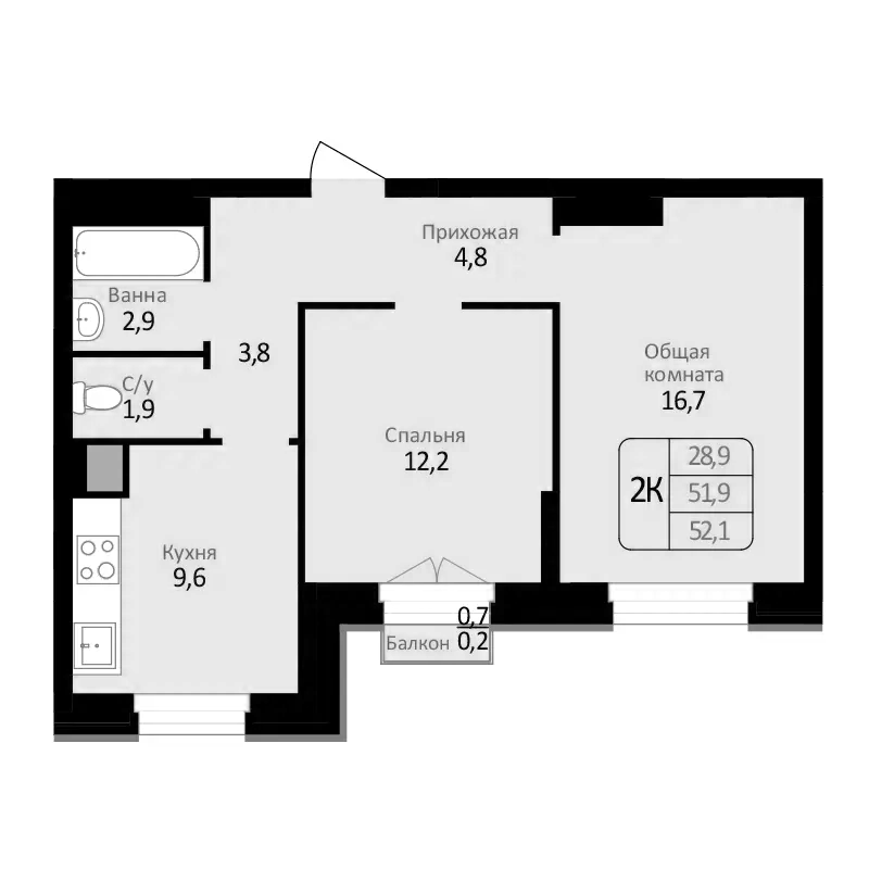 Планировка 2-к. квартира 51.90 м² в ЖК «Первомайский»
