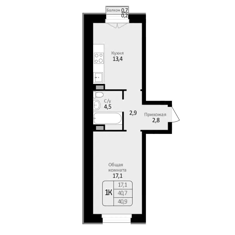 Планировка 1-к. квартира 40.70 м² в ЖК «Первомайский»