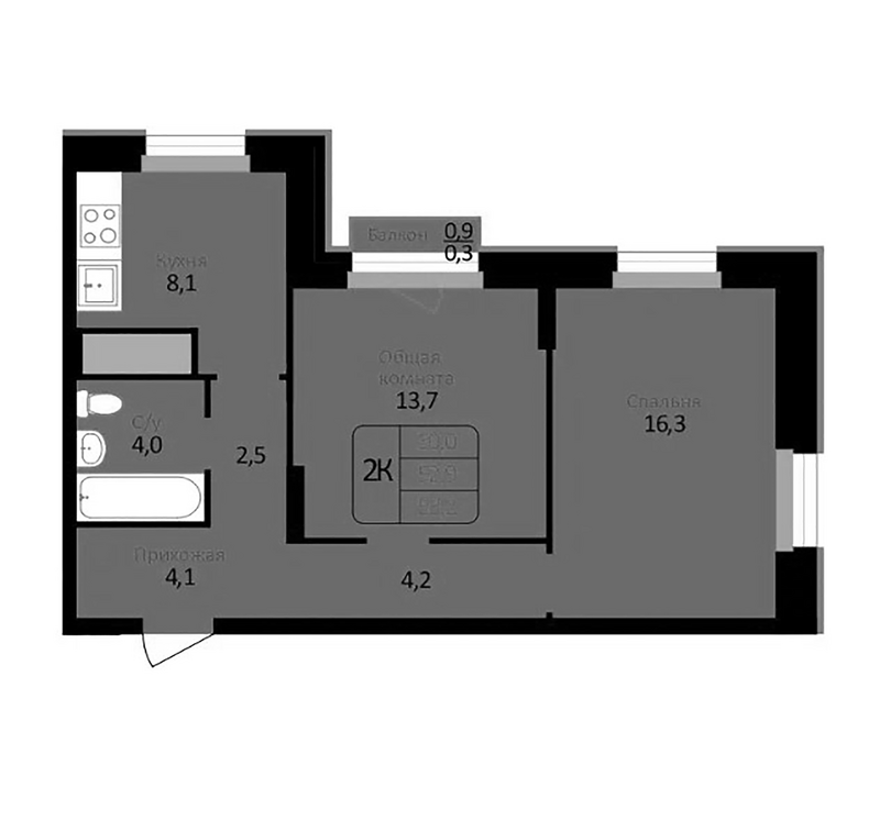 Планировка 2-к.кв 52.90 м² в ЖК «Первомайский»