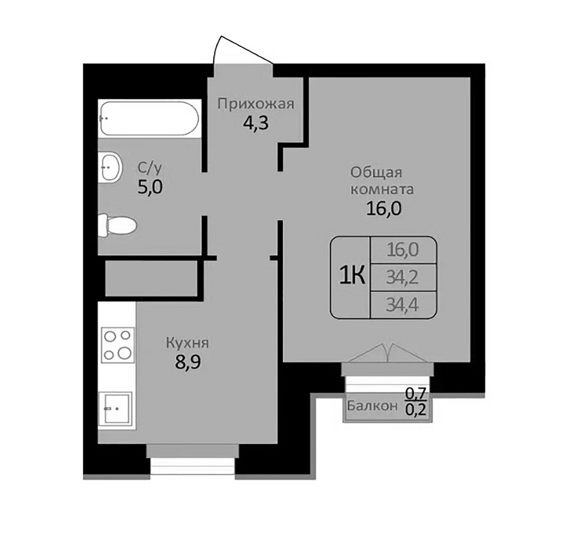 Планировка 1-к.кв 34.20 м² в ЖК «Первомайский»