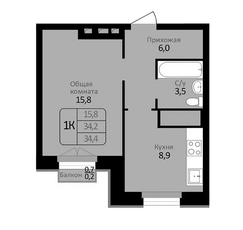 Планировка 1-к.кв 34.20 м² в ЖК «Первомайский»
