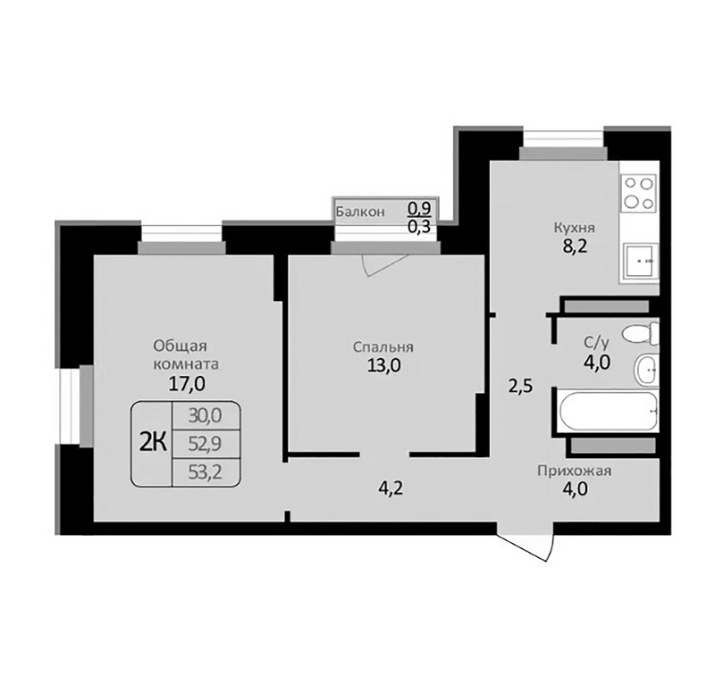 Планировка 2-к. квартира 52.90 м² в ЖК «Первомайский»