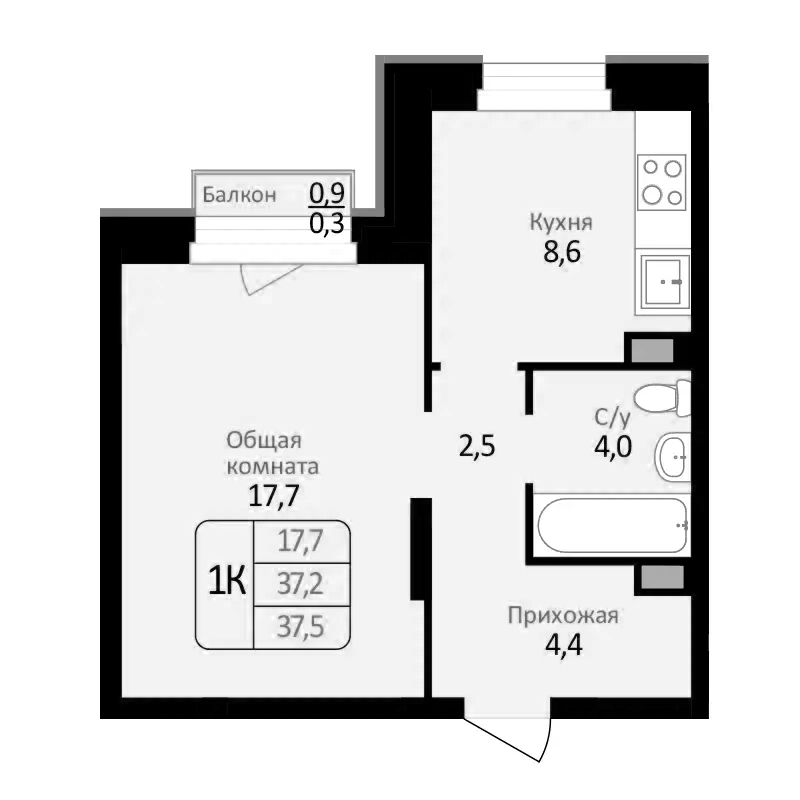 Планировка 1-к. квартира 37.20 м² в ЖК «Первомайский»