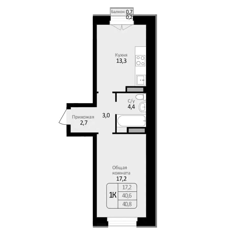 Планировка 1-к. квартира 40.60 м² в ЖК «Первомайский»