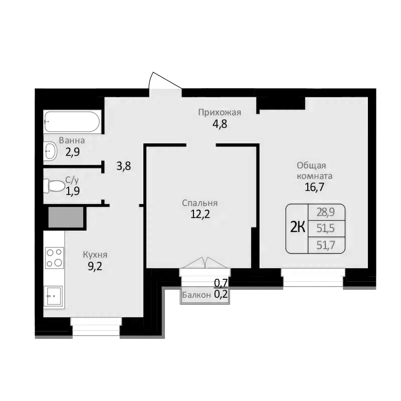 Планировка 2-к. квартира 51.50 м² в ЖК «Первомайский»