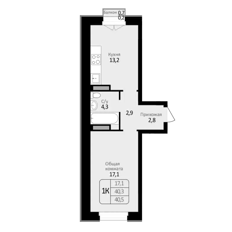 Планировка 1-к. квартира 40.30 м² в ЖК «Первомайский»