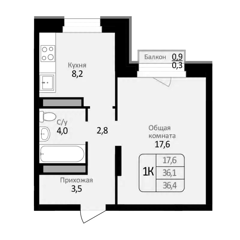 Планировка 1-к.кв 36.10 м² в ЖК «Первомайский»