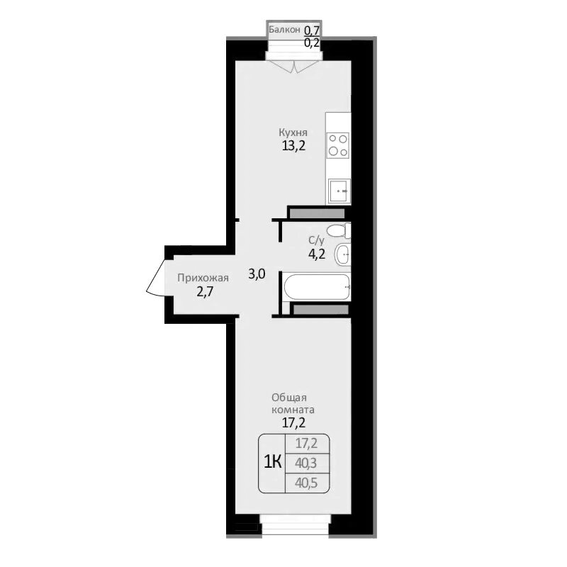 Планировка 1-к. квартира 40.30 м² в ЖК «Первомайский»