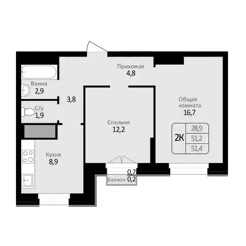 Планировка 2-к.кв 51.20 м² в ЖК «Первомайский»