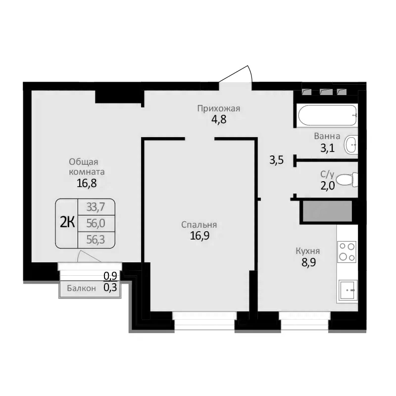 Планировка 2-к.кв 56.00 м² в ЖК «Первомайский»