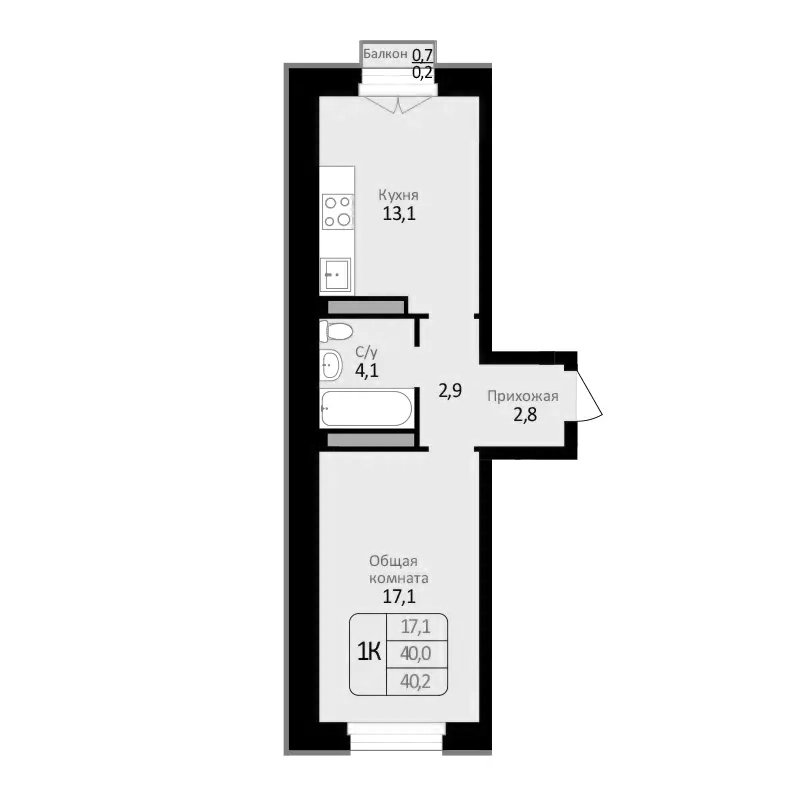 Планировка 1-к. квартира 40.00 м² в ЖК «Первомайский»