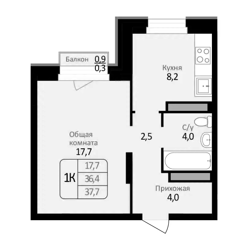 Планировка 1-к.кв 36.40 м² в ЖК «Первомайский»