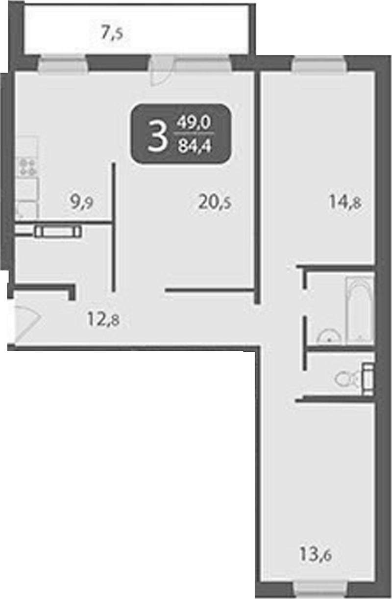 Планировка 3-к.кв 76.91 м² в ЖК «Южные ворота. Томск»