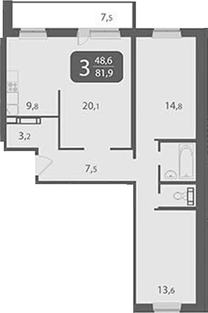 Планировка 3-к.кв 74.41 м² в ЖК «Южные ворота. Томск»