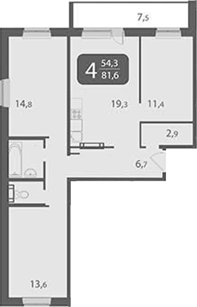 Планировка 3-к.кв 74.10 м² в ЖК «Южные ворота. Томск»
