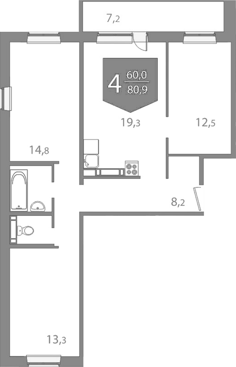 Планировка 3-к. квартира 73.70 м² в ЖК «На Энтузиастов. Томск»