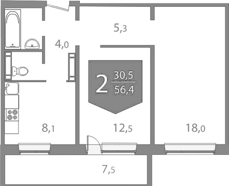 Планировка 2-к.кв 48.90 м² в ЖК «На Энтузиастов. Томск»