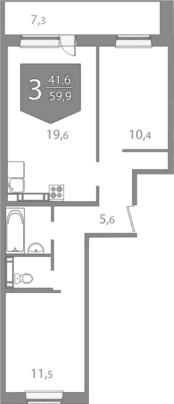 Планировка 2-к. квартира 51.84 м² в ЖК «На Энтузиастов. Томск»