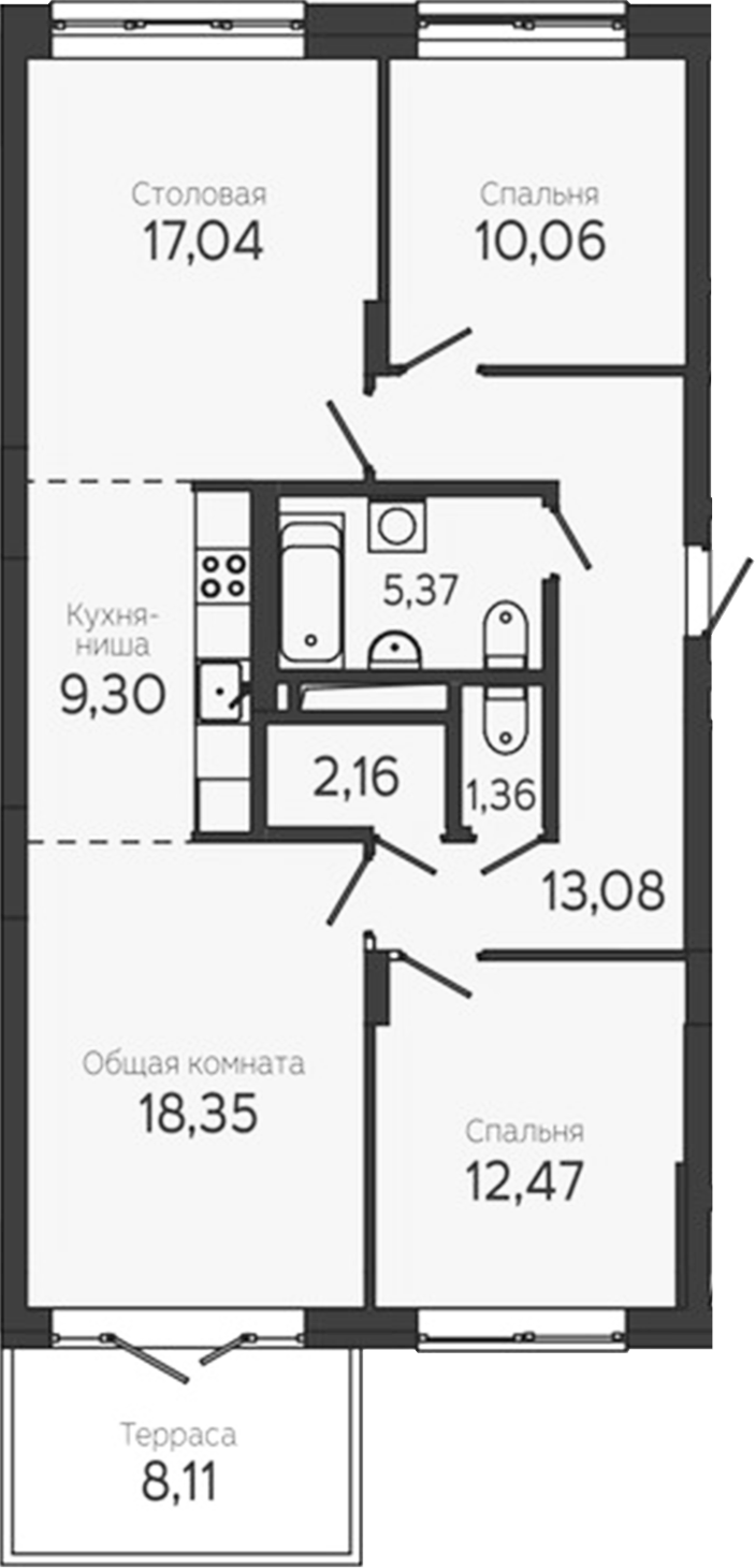 Планировка 3-к.кв 88.15 м² в ЖК «На Комсомольском. Томск»