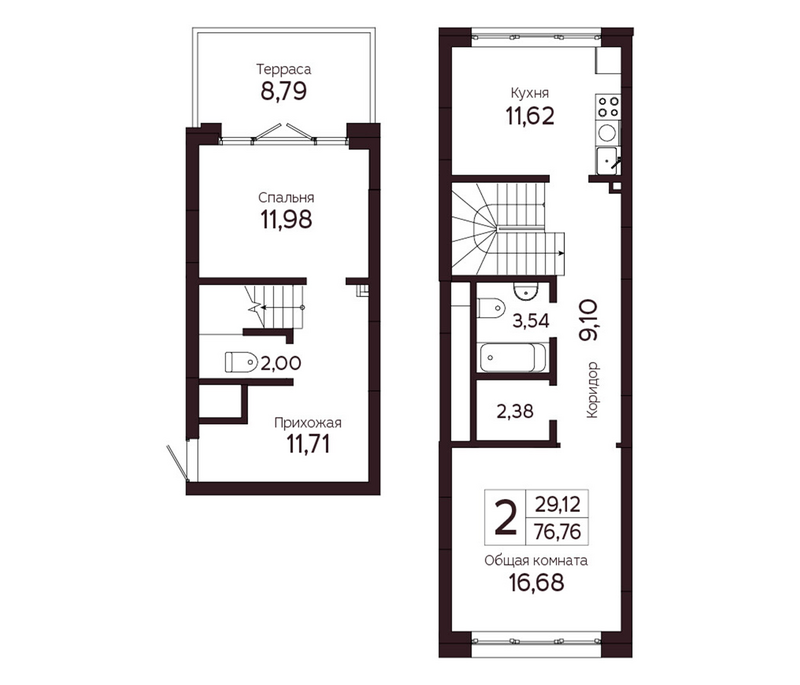 Планировка 2-к.кв 67.97 м² в ЖК «На Комсомольском. Томск»
