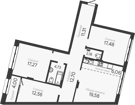 Планировка 3-к.кв 103.87 м² в ЖК «На Комсомольском. Томск»