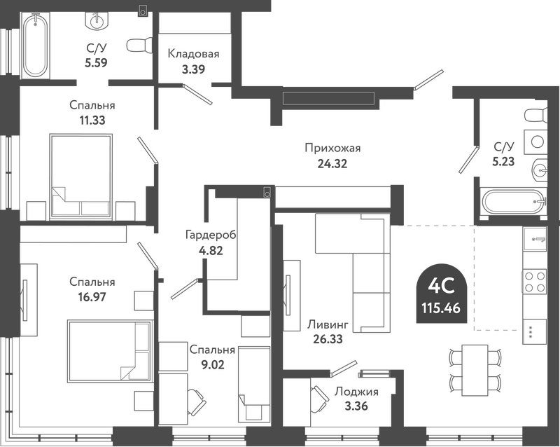 Планировка 4е-к.кв 112.50 м² в ЖК «Тихомиров»
