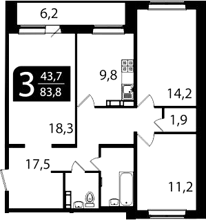 Планировка 3-к.кв 77.60 м² в ЖК «Ботаника. Томск»