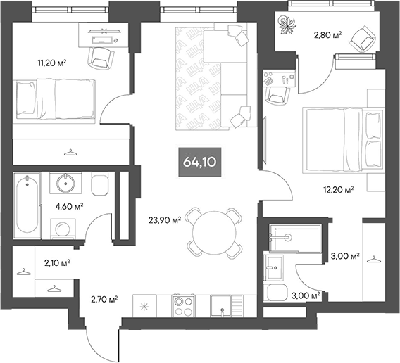Планировка 2-к.кв 62.70 м² в ЖК «ЩА»