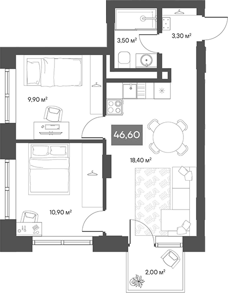 Планировка 2-к.кв 46.00 м² в ЖК «ЩА»