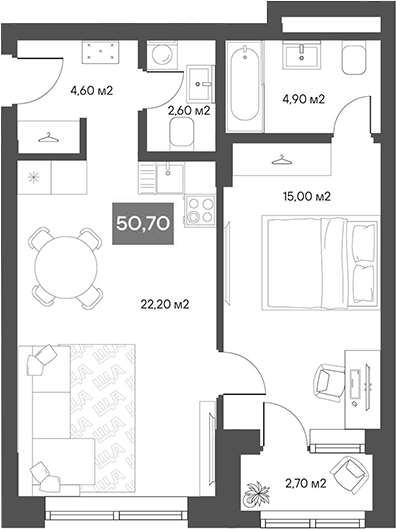 Планировка 1-к.кв 49.35 м² в ЖК «ЩА»