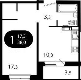 Планировка 1-к.кв 34.54 м² в ЖК «Ботаника. Томск»
