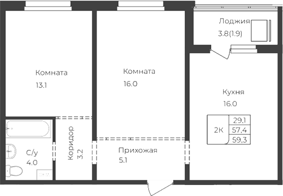Планировка свободная планировка 57.40 м² в ЖК «Дом 1824. Горно-Алтайск»