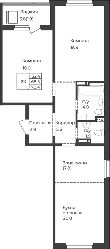 Планировка свободная планировка 68.50 м² в ЖК «Дом 1824. Горно-Алтайск»