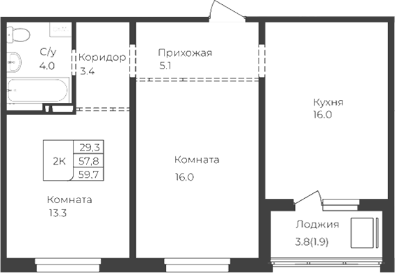 Планировка свободная планировка 57.80 м² в ЖК «Дом 1824. Горно-Алтайск»