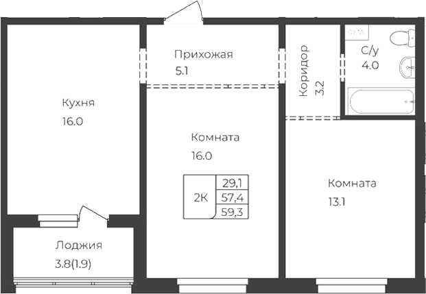 Планировка свободная планировка 57.40 м² в ЖК «Дом 1824. Горно-Алтайск»