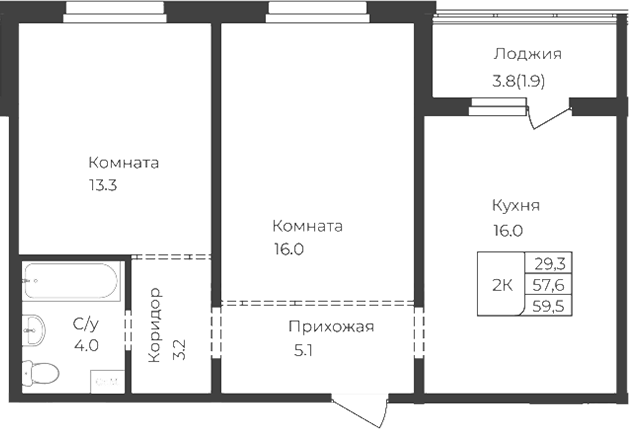 Планировка свободная планировка 57.60 м² в ЖК «Дом 1824. Горно-Алтайск»