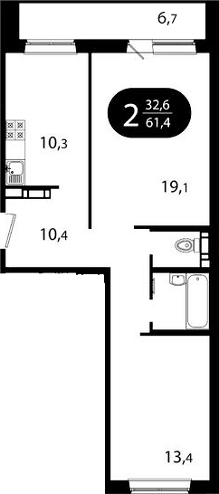 Планировка 2-к.кв 54.70 м² в ЖК «Ботаника. Томск»