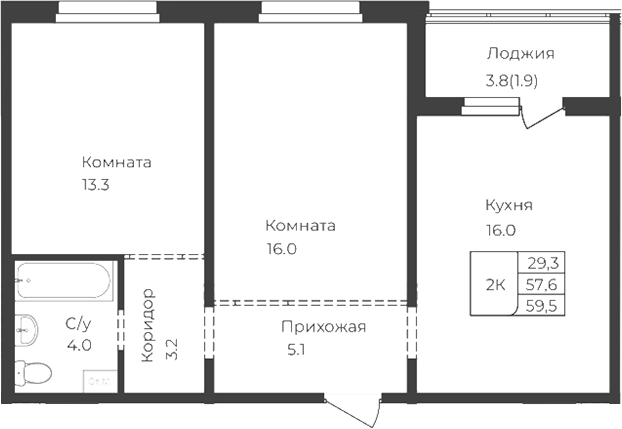 Планировка свободная планировка 57.60 м² в ЖК «Дом 1824. Горно-Алтайск»